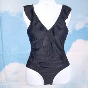 One-piece Ruffled V-Neckline ruched waist Black Women’s Swimsuit size Small NEW